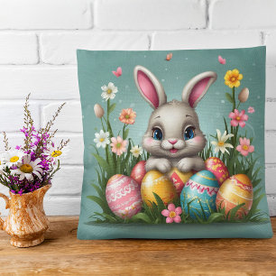 Cute Easter Bunny with Coloured Eggs Floral Cushion