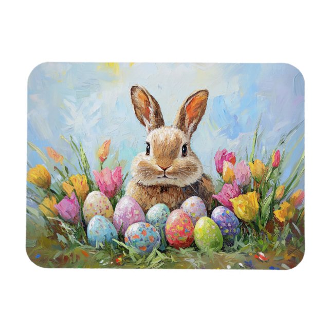 Cute Easter Bunny with Coloured Eggs Magnet (Horizontal)