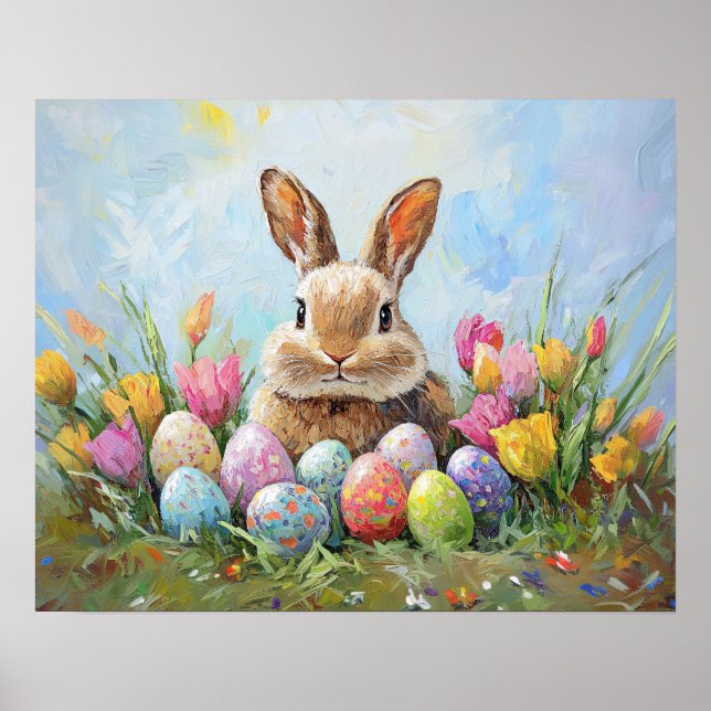 Cute Easter Bunny with Coloured Eggs Poster (Front)