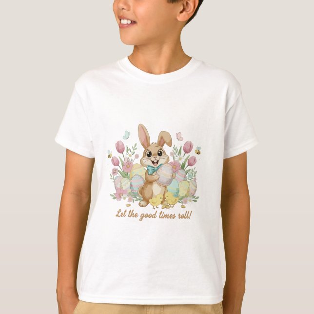 Cute Easter Bunny with Colourful Eggs and Spring  T-Shirt (Front)