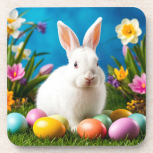 Cute Easter Bunny with Colourful Eggs Coaster
