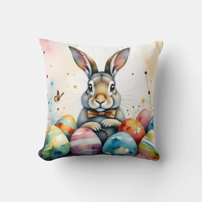 Cute Easter Bunny with Colourful Painted Eggs Cushion (Front)