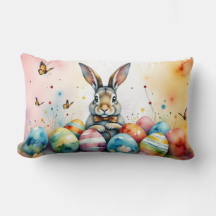 Cute Easter Bunny with Colourful Painted Eggs Lumbar Cushion