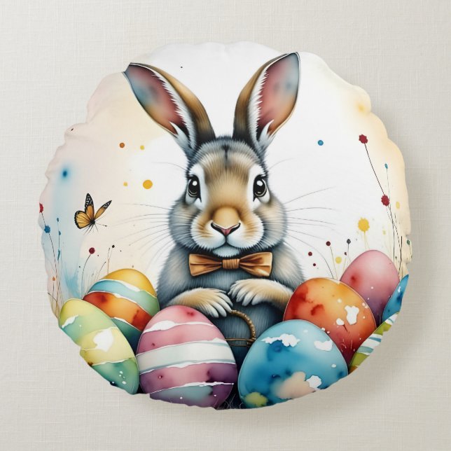 Cute Easter Bunny with Colourful Painted Eggs Round Cushion (Front)
