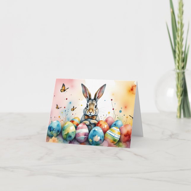 Cute Easter Bunny with Colourful Painted Eggs Thank You Card (Front)