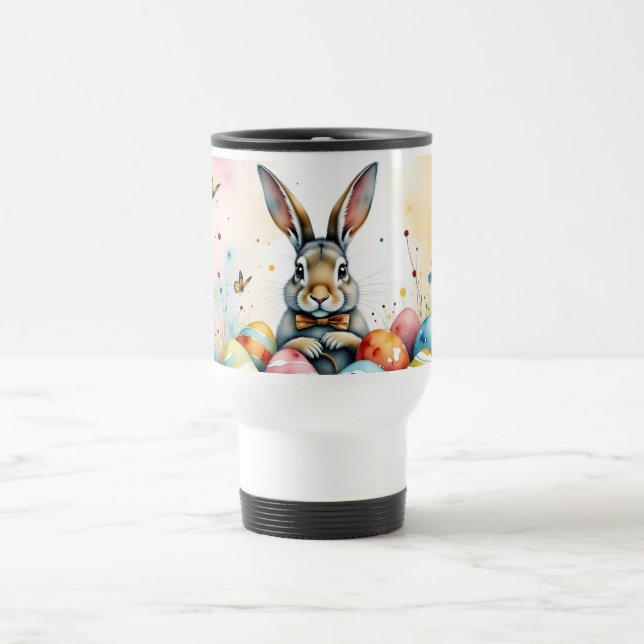 Cute Easter Bunny with Colourful Painted Eggs Travel Mug (Center)
