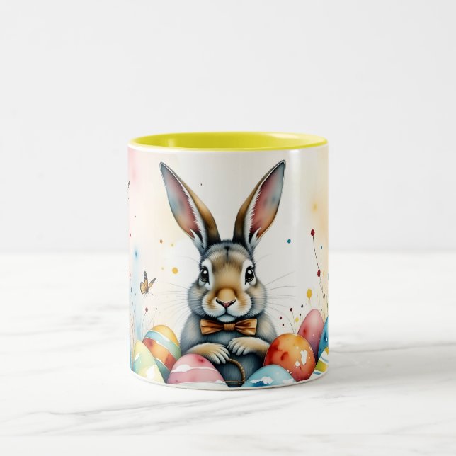 Cute Easter Bunny with Colourful Painted Eggs Two-Tone Coffee Mug (Center)