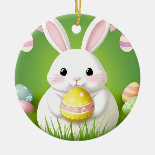 Cute Easter Bunny With Decorative Eggs Ceramic Tree Decoration (Front)