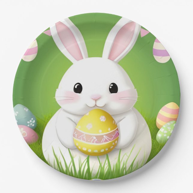 Cute Easter Bunny With Decorative Eggs Paper Plate (Front)