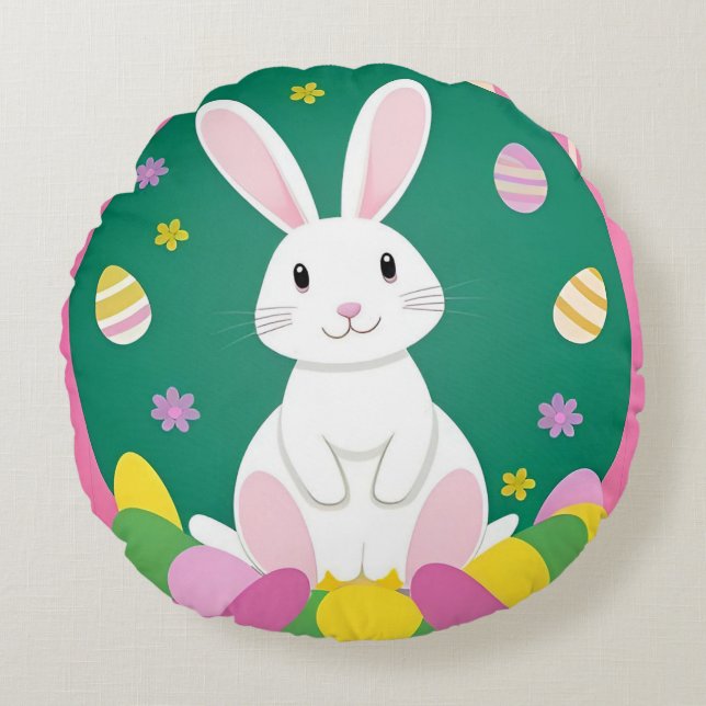 Cute Easter Bunny With Decorative Eggs Round Cushion (Front)