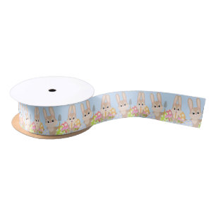 Cute Easter Bunny with Eggs Blue Satin Ribbon