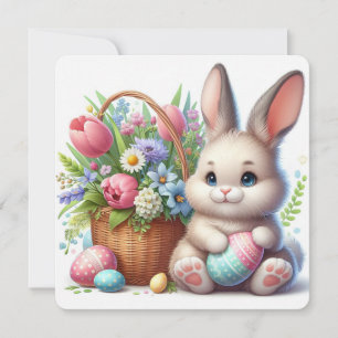 Cute Easter Bunny with Eggs, Flowers and Basket Holiday Card