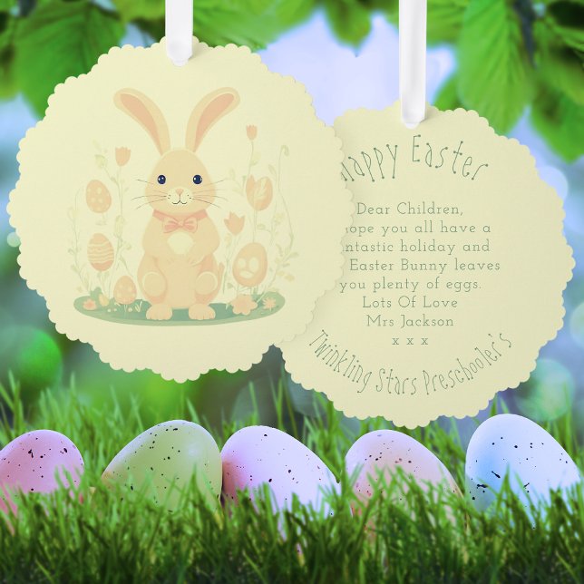 Cute Easter Bunny With Eggs Preschool Yellow Tree Decoration Card (Front And Back)