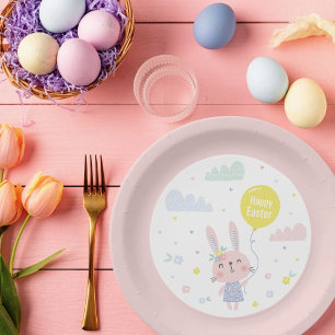 Cute Easter Bunny with flowers, clouds and balloon Paper Plate