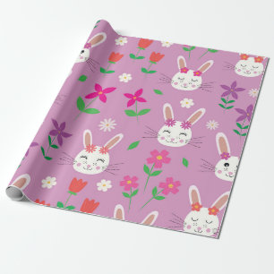 Cute Easter bunny with pink purple orange flowers Wrapping Paper