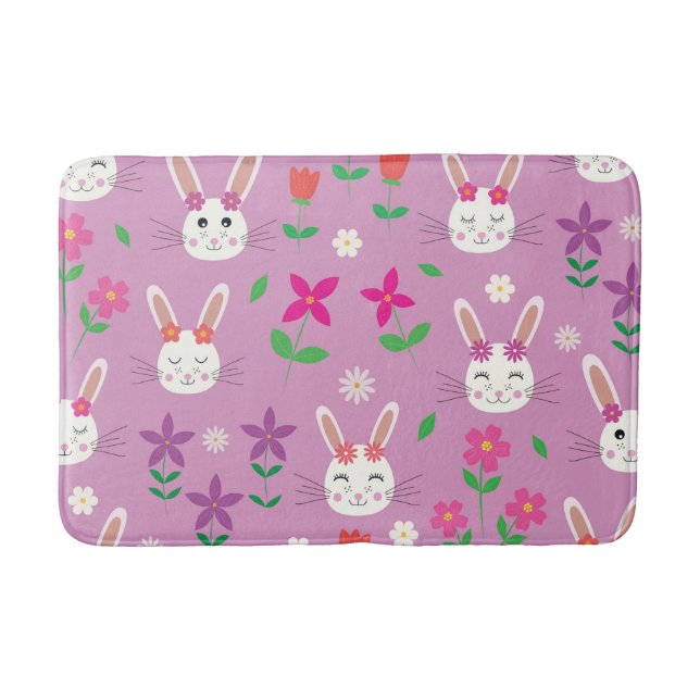 Cute Easter Bunny with red pink purple flowers  Bath Mat (Front)
