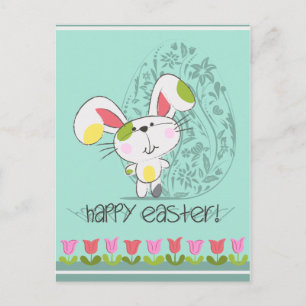 Cute Easter Bunny with tulips and Easter egg Holiday Postcard