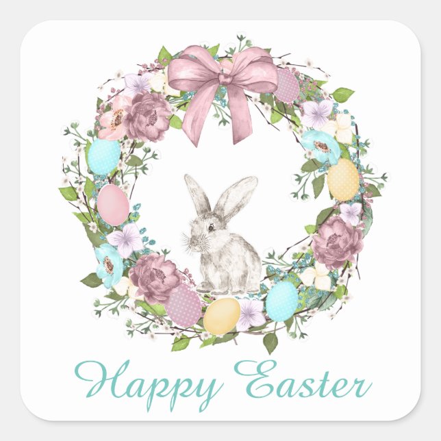 Cute Easter bunny wreath add message sticker (Front)