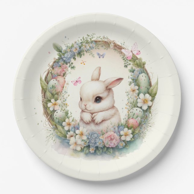 cute Easter bunny wreath Holiday party Paper Plate (Front)