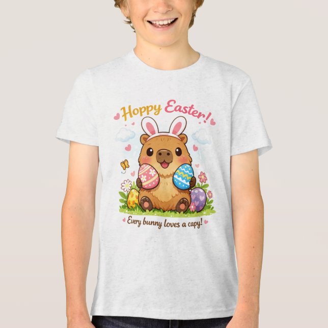 Cute Easter Capybara Eggs Bunny Ears Tri-Blend Shirt (Front)