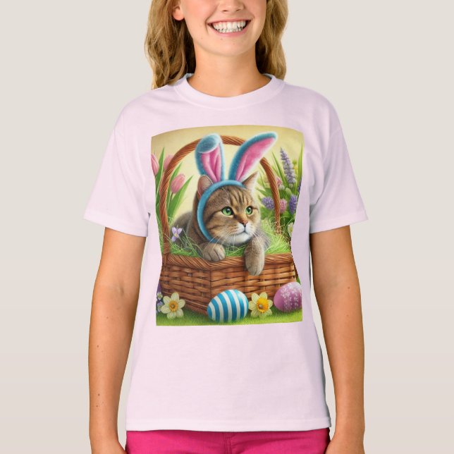 Cute Easter Cat Girls Pink T-Shirt (Front)