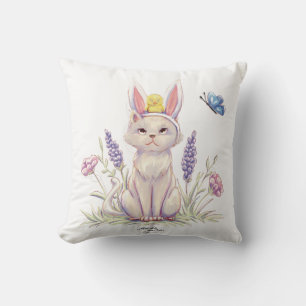 Cute Easter Cat with Chick Illustration pillow