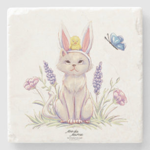 Cute Easter Cat with Chick Illustration Stone Coaster