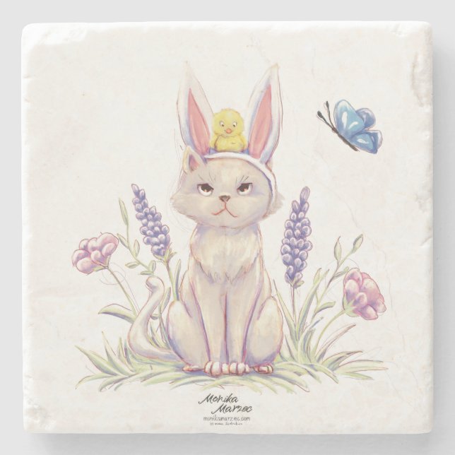 Cute Easter Cat with Chick Illustration Stone Coaster (Front)