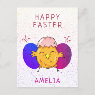 Cute Easter Chick and Eggs Happy Easter Holiday Postcard