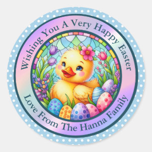 Cute Easter Chick, Flowers, and Colourful Eggs Classic Round Sticker