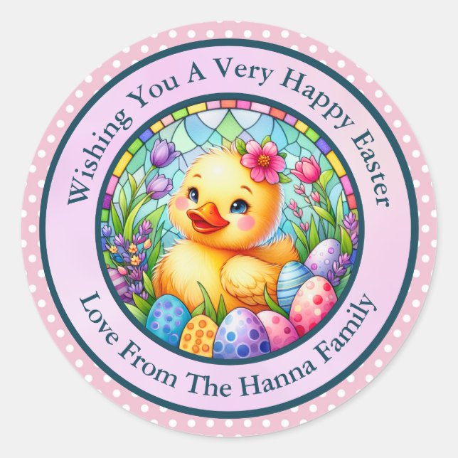 Cute Easter Chick, Flowers, and Colourful Eggs Classic Round Sticker (Front)