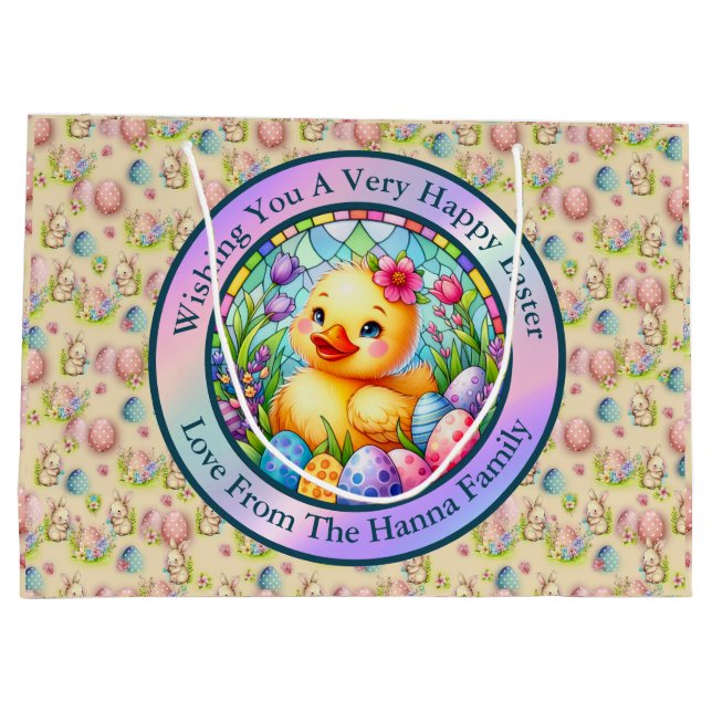 Cute Easter Chick, Flowers, and Colourful Eggs Large Gift Bag (Back)