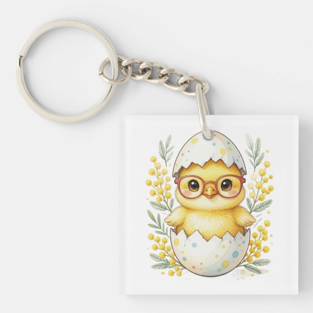 Cute Easter Chick Glasses Mimosa Bloom Key Ring (Front)