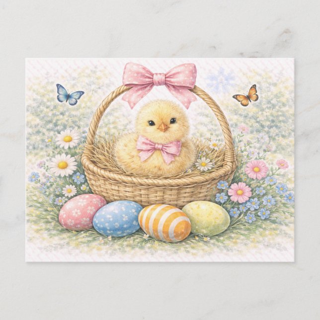 Cute Easter Chick in Basket Watercolor Postcard (Front)