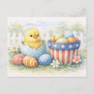 Cute Easter Chick in Egg Watercolor Postcard