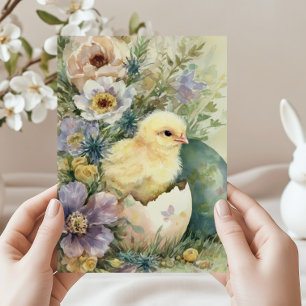 Cute Easter Chick Spring Wildflowers Watercolor Holiday Card