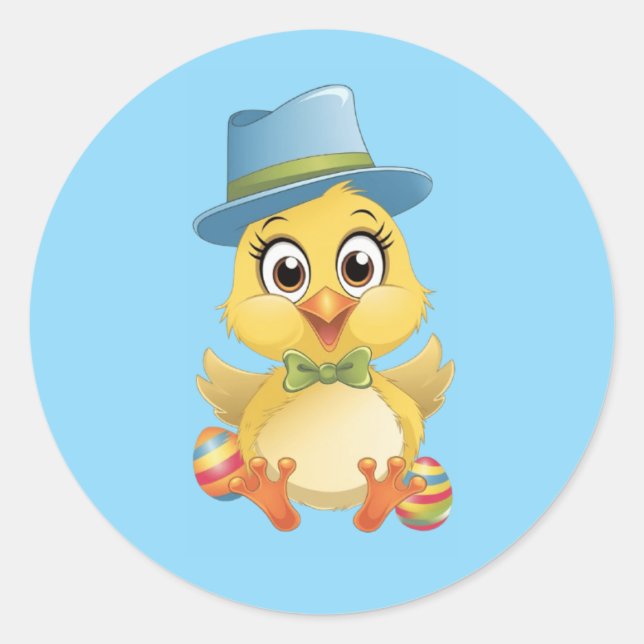 Cute Easter Chick with Colourful Eggs Classic Round Sticker (Front)