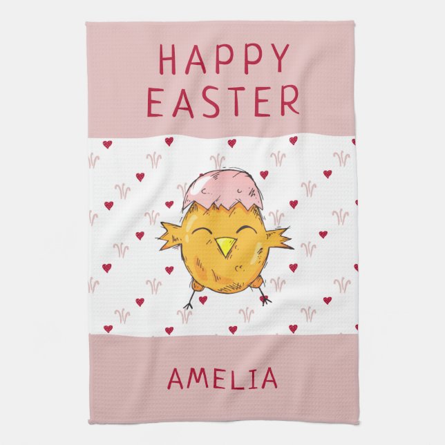 Cute Easter Chick with Eggshell Heart Happy Easter Tea Towel (Vertical)