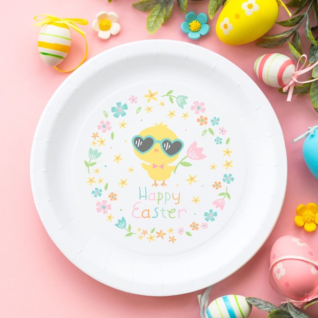 Cute Easter Chick with flowers on white background Paper Plate (Creator Uploaded)