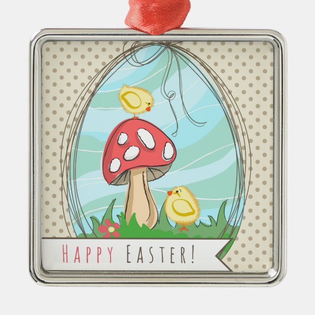 Cute Easter chick with mushroom Happy Easter Metal Tree Decoration (Front)