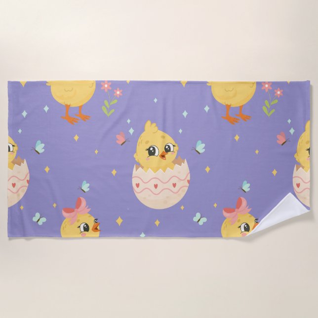 Cute Easter Chick with Pink Bow Seamless Pattern  Beach Towel (Front)