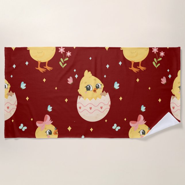 Cute Easter Chick with Pink Bow Seamless Pattern  Beach Towel (Front)