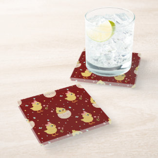 Cute Easter Chick with Pink Bow Seamless Pattern Glass Coaster