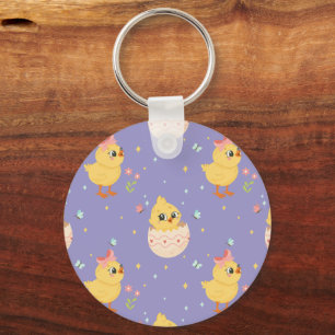 Cute Easter Chick with Pink Bow Seamless Pattern Key Ring