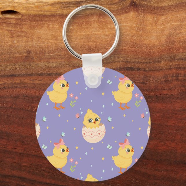 Cute Easter Chick with Pink Bow Seamless Pattern  Key Ring (Front)