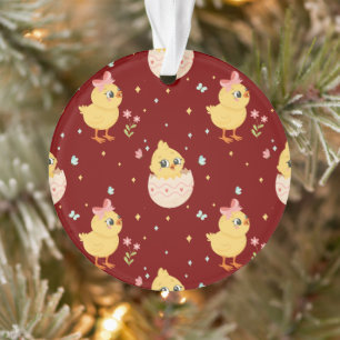 Cute Easter Chick with Pink Bow Seamless Pattern Ornament