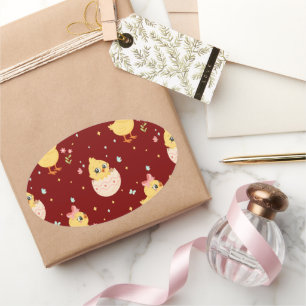 Cute Easter Chick with Pink Bow Seamless Pattern Oval Sticker