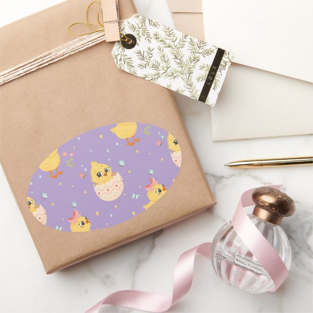 Cute Easter Chick with Pink Bow Seamless Pattern  Oval Sticker (Gifting)