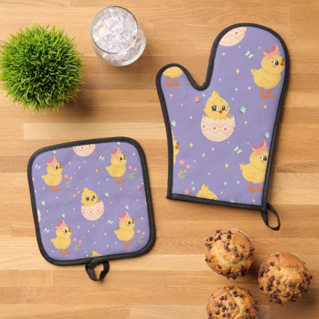 Cute Easter Chick with Pink Bow Seamless Pattern  Oven Mitt & Pot Holder Set (Top Down)