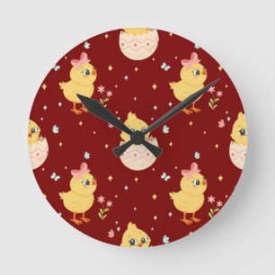 Cute Easter Chick with Pink Bow Seamless Pattern Round Clock